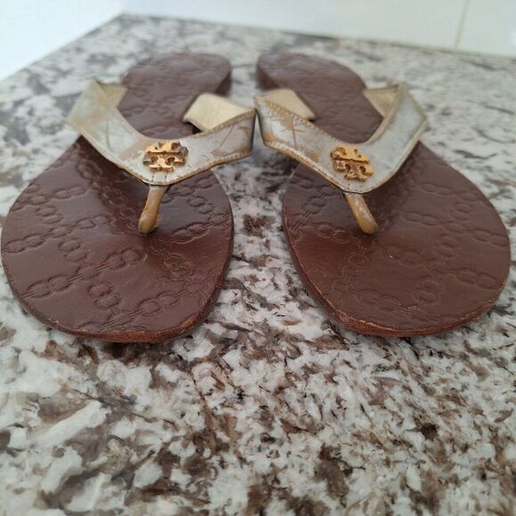 Tory Burch Thora‎ Flip Flop Sandals in Brown silver size 10 - Picture 2 of 9